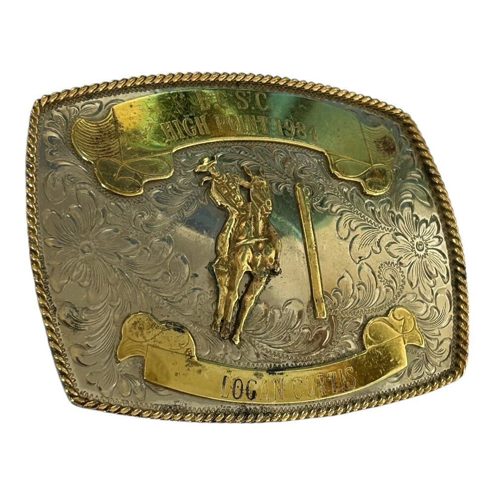 Montana Silversmiths 1984 Pole Bending Trophy Belt Buckle With Name Cowgirl